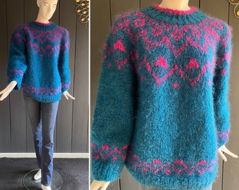 Large vintage 90s hand-knitted wool sweater boho/chunky style Size 44/46/2XL