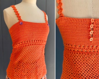 Adorable débardeur en crochet vintage 70s fait main de couleur orange vif, T 34/36/XS