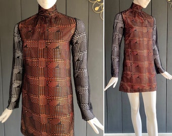 Mods vintage 60s mini dress/tunic hand-sewn in black fishnet/bobbin lace with orange lining, Size 34/36