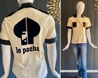 Vintage 80s women's blouse night club uniform/Le Pacha nightclub, cream white and black color, Size 38