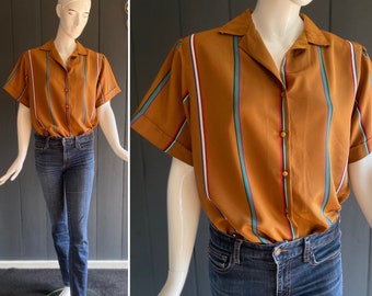 Vintage 80s short-sleeved blouse in a superb caramel color with vertical stripes pattern Size 42/44/L