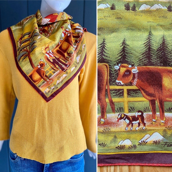 Vintage 80s cotton square printed with Fisba Stoffels country scenes in bright colors, hand-rolled edges