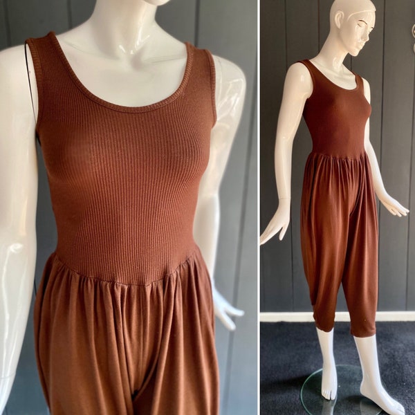 Incroyable combinaison vintage 80/90s marron cacao avec buste débardeur et pantalon style Sarouel, Taille 34/36