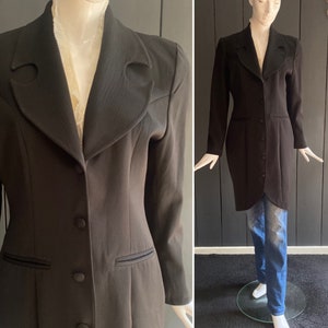 Vintage 90s black satin jacket in Gothic style frock coat style with stylized collar Size 40/42