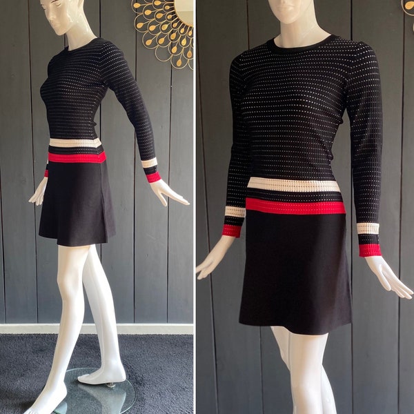 Recently made tricolor retro style skater dress in stretchy wool, Kookaï brand, Size 34/36/XS