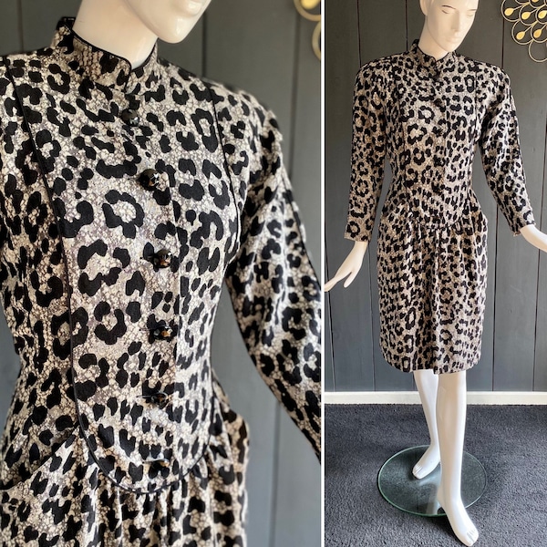 Robe vintage 80s en laine fine grise et noire surimpressions léopard avec silhouette épaulée et cintrée, Taille 38/40