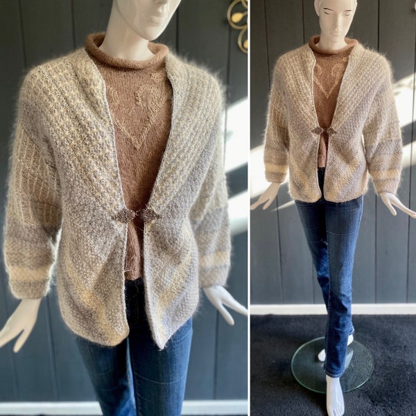 Gilet/cardigan vintage 80s en laine angora tricoté main gris et blanc + lurex argenté, Taille 42/44