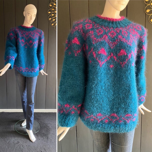 Gros pull-over vintage 90s en laine tricoté main style bohème/chunky Taille 44/46/2XL