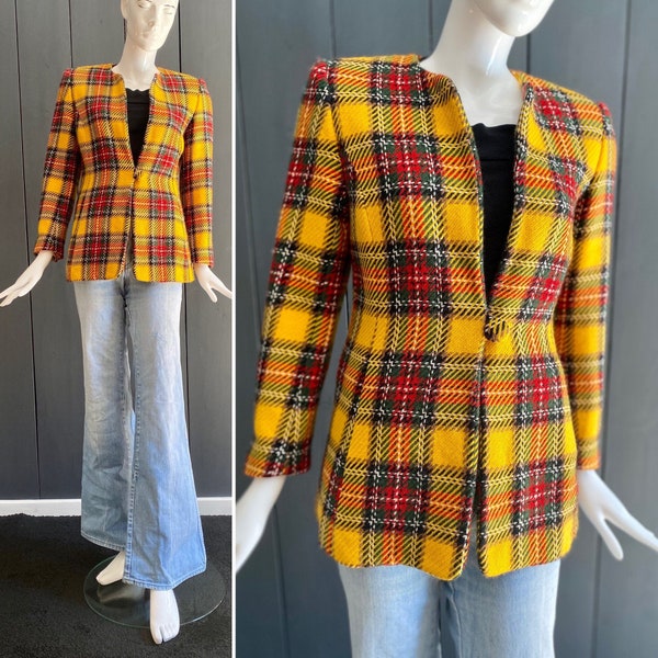 Veste femme vintage 80s en laine fine, cintrée et épaulée, de couleur jaune vif à carreaux, T 38/40