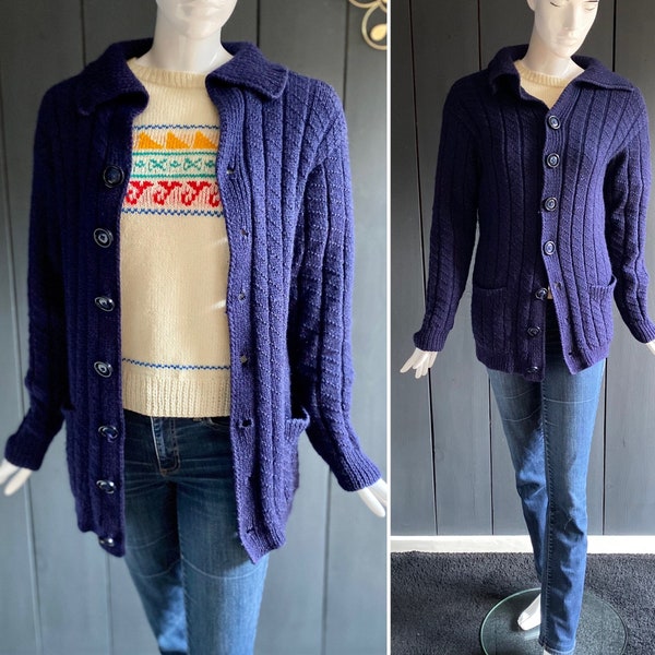 Gilet/cardigan vintage 60/70s homme/unisexe en laine tricoté main couleur bleu marine, Taille 36/38 femme, S homme