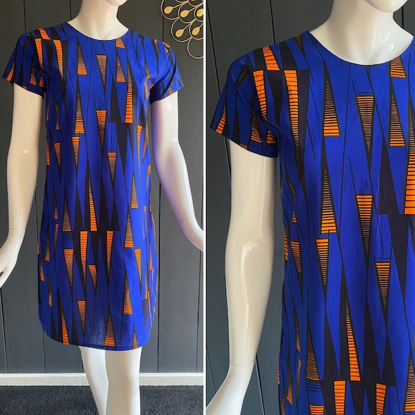 Mini robe en wax africain motifs géométriques bleu profond et orange vif, Taille 34/36/XS/S