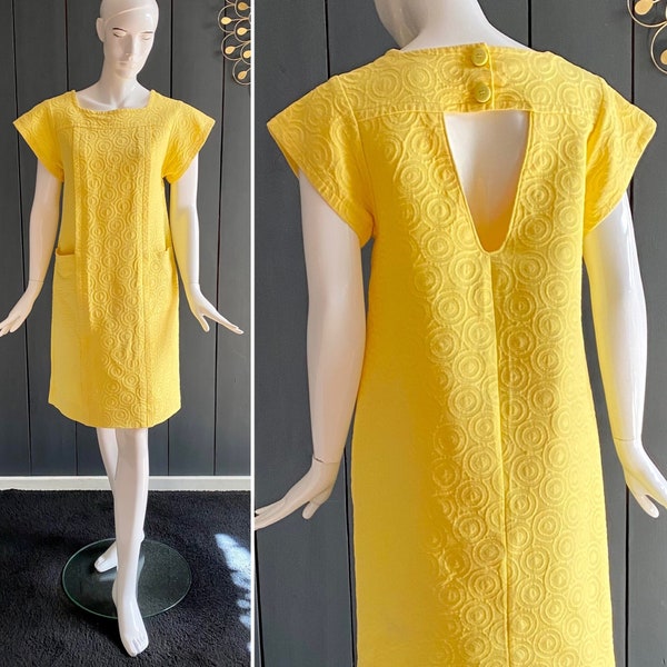 Robe jaune vintage 60s cousue main avec poches profondes et ouverture triangle dans le dos, Taille 40/M/L