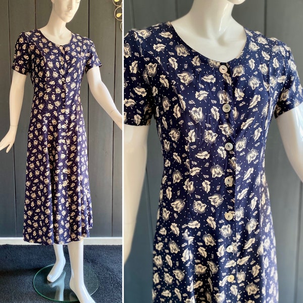 Robe longue vintage 90s inspiration années 1940 couleur bleu marine avec motif floral blanc, Taille 40/M