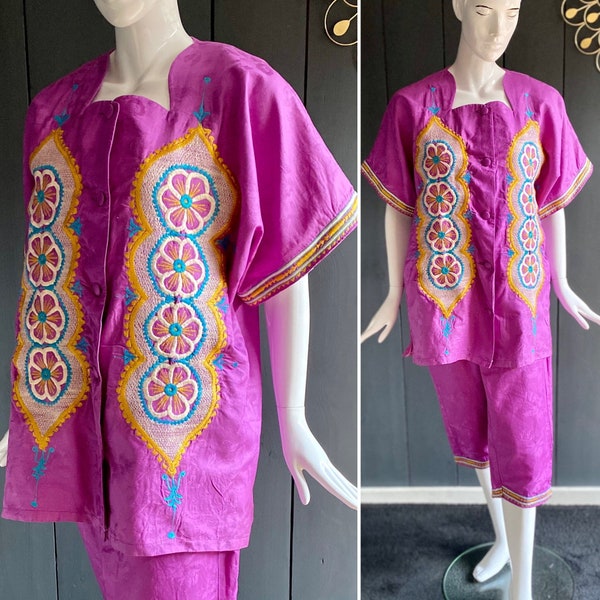 Ensemble top + pantacourt Bazin Africain vintage 80s en coton damassé couleur rose fuchsia, Taille 36 en bas, 3XL en haut