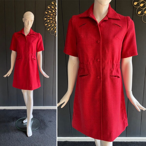Robe vintage 1960 en lin épais cousue main couleur rouge carmin, Taille 38/M