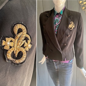 Vintage 80s mid-season two-material black jacket/blazer, fitted and shouldered cut, Size 40/42/M/L