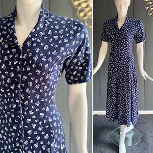 Ravissante robe longue vintage 90s inspiration années 1940 bleu marine à motifs floraux délicats, Taille 36/38
