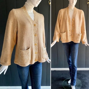 Vintage 80s cardigan in hand-knitted wool, beige 3 tones, loose fit, Size 36/38/40