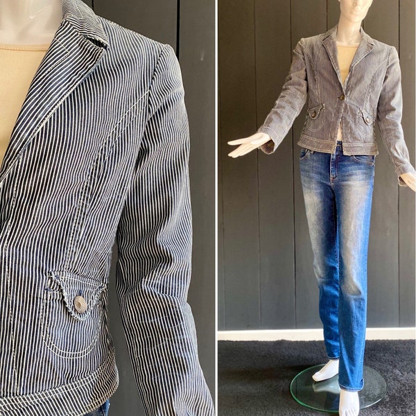 Veste Guess vintage 90s en Denim fin rayé blanc et bleu, inspiration Nautique T 40/42/M