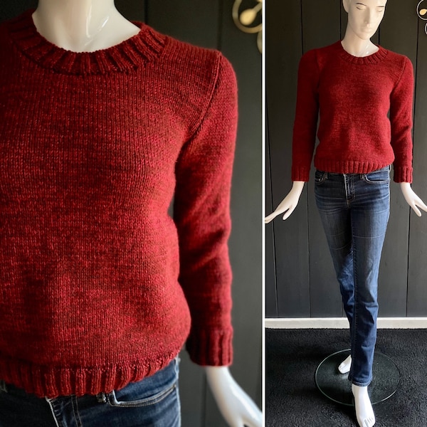 Pull-over en laine vintage 90s tricoté main couleur rouge carmin/lie de vin, Taille 36/38