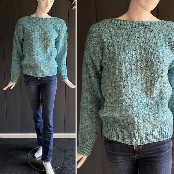 Vintage 80s hand-knitted sweater in mint chocolate-colored wool, Size 38/40