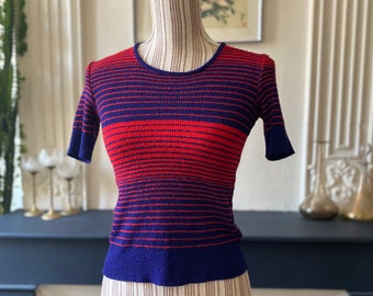 Vintage 70s women's light sweater with short sleeves striped red and navy blue, T 36
