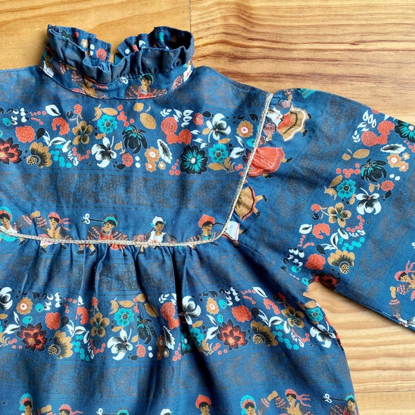 Robe fillette d’hiver à manches longues couleur bleu/gris anthracite à motifs fleurs et sarabandes, T 8/10 ans