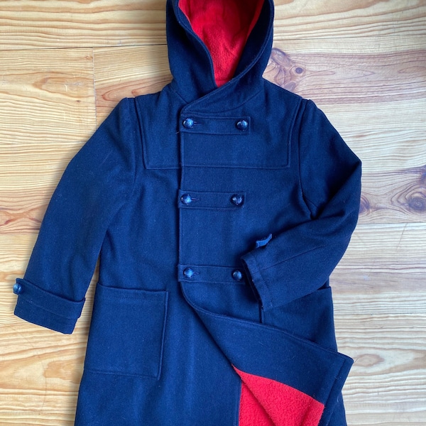 Duffle coat/caban/manteau marin vintage 70s en laine bleue marine doublée rouge vif, pour garçons Taille 12/14 ans