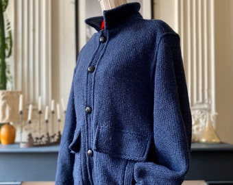 Veste homme vintage 60s coupe bombers en laine bleu marine doublée coton, chaude et confortable Taille S, convient à un T 40/42 femme