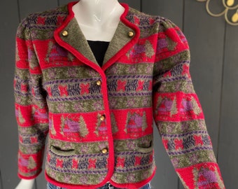 Ravissant cardigan vintage 80s en laine motifs Novelty de style autrichien Taille 38/40/M