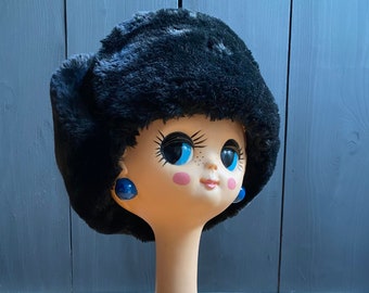 Superbe Chapka vintage 60s en peluche synthétique noire extra douce Tour de tête 55 cm/21.5 inches