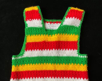 Vintage 70s children's crochet tank top with multi-colored stripes T 5/7 years