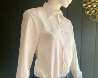 Superbe chemise vintage 70s blanc immaculé avec col pelle à tarte, Taille 36-38 femme/XXS homme