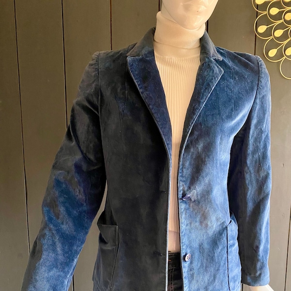 Blazer vintage 70s en velours bleu pétrole avec fines épaulettes, Taille 36/38