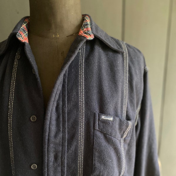 Chemise/surchemise vintage 90s homme/unisexe en lainage bleu marine de la marque Façonnable avec détail patchs sur les coudes, Taille L