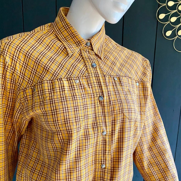 Chemise en flanelle New Man vintage 90s inspiration Western, jaune à petits carreaux, Taille 40/42/L