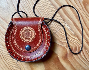 Adorable little handmade boho leather purse, vintage 80s/90s, circular, engraved and stitched with a black cord, corded shoulder strap