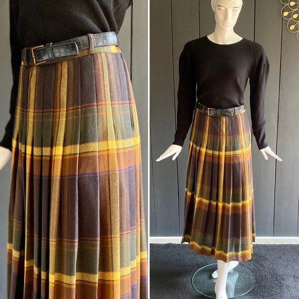 Superbe jupe vintage 90s Gerry Weber en laine plissée longue, avec ceinture assortie, dans les tons jaunes et bruns, Taille 34/36