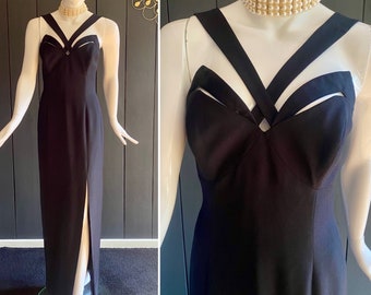 Robe du soir vintage 90s, longue et noire, coupe fourreau avec bretelles croisées sur le devant, Taille EU 40/42/M/L