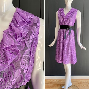 Vintage 70s purple lace dress, sleeveless size 42