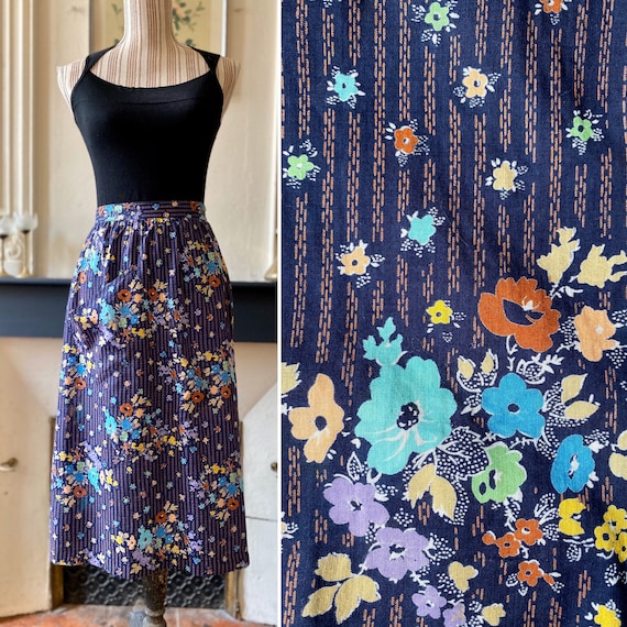 Vintage 70/80s skirt in very fine cotton, navy bl… - image 1