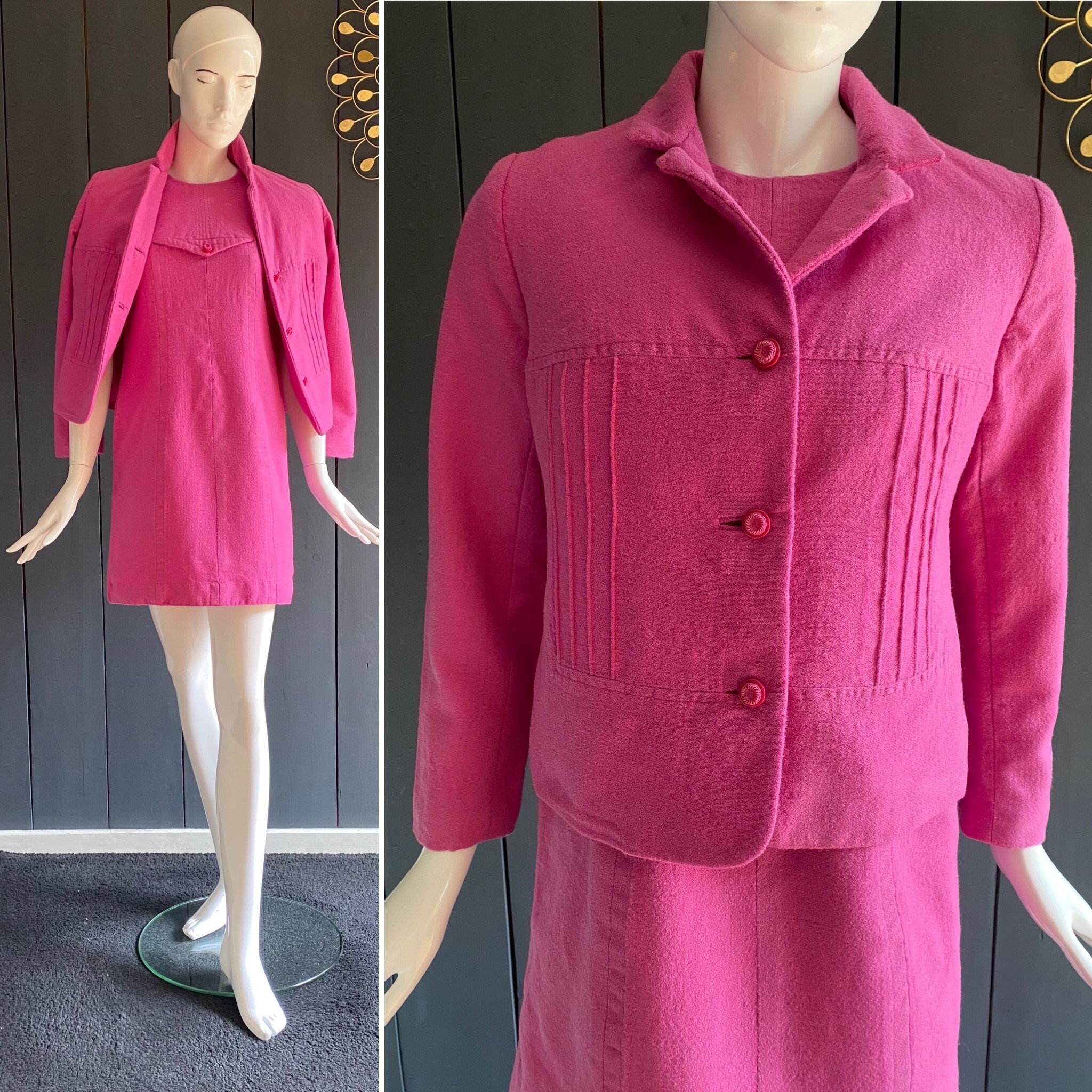 Vintage Wool Dress Suit 60s Mods Style Pink Color Size S 36 Etsy