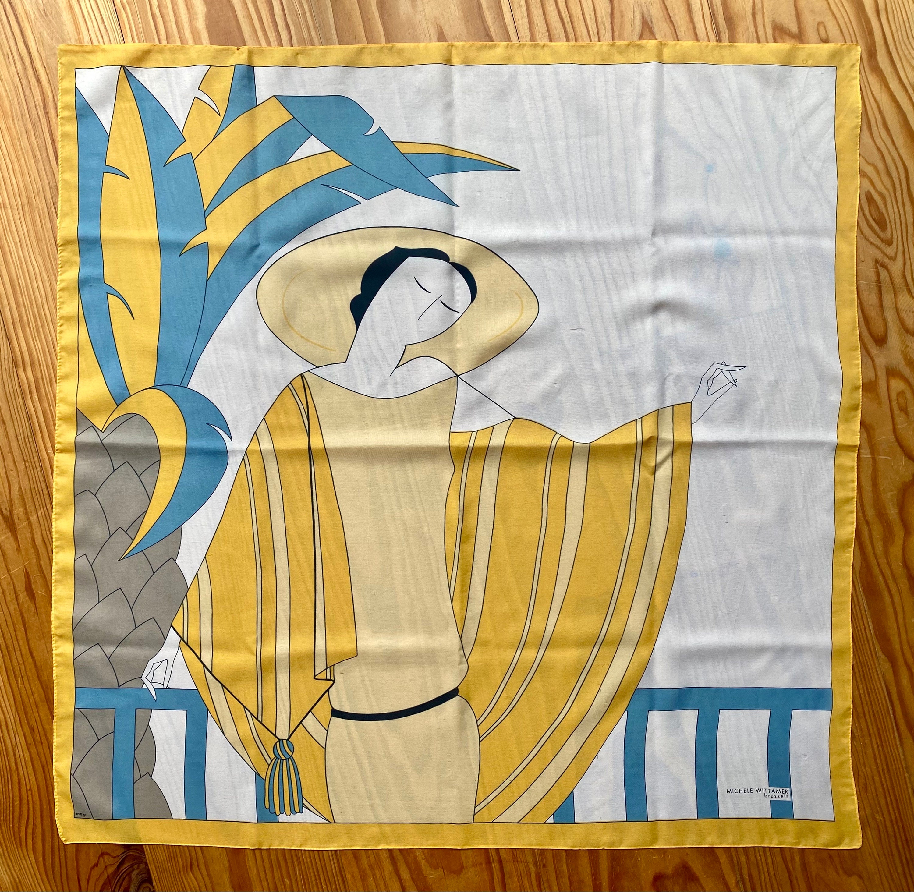 Vintage 80s Scarf/square Michele Wittamer Drawing Riviera 1920s, Yellow, Pale Yellow, Taupe, Black and Blue Colors on White Background - Etsy UK Vintage 80s Scarf/square Michele Wittamer Drawing Riviera 1920s, Yellow, Pale Yellow, Taupe, Black and Blue Colors on White Background - Etsy UK