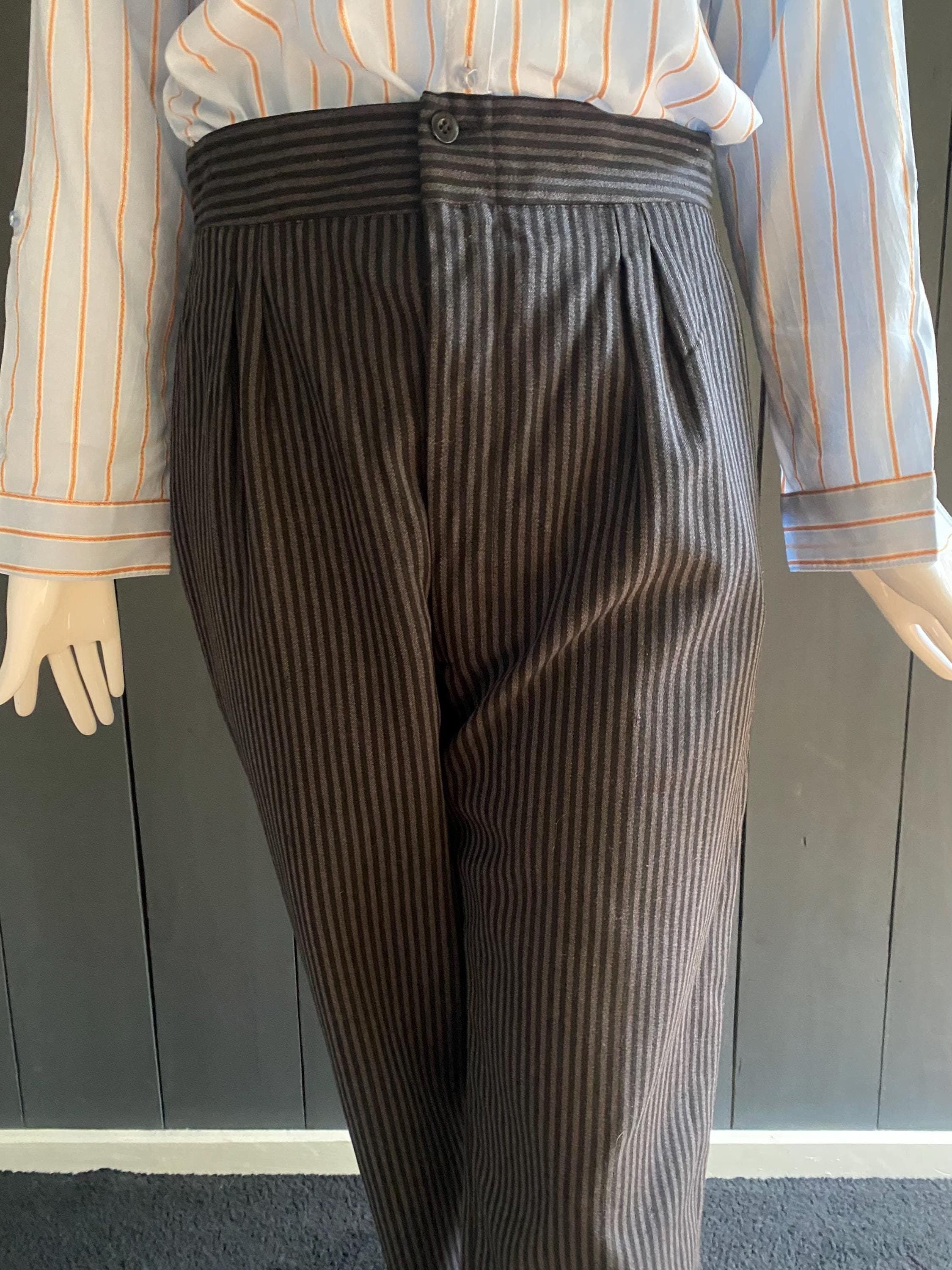 Vintage 60s men's/unisex hand-sewn pleated trousers in wool cloth with fine grey and black stripes, Size 40/L