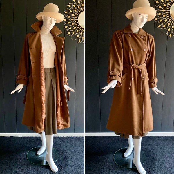 Fabuleux manteau vintage 80s inspiration années 1940 en laine coupe trench couleur Camel, Taille 44/46/2-3XL