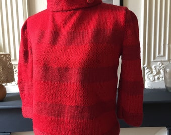 Very soft hand-knitted mid-season sweater, bright red with funnel neck and 3/4 sleeves T 36