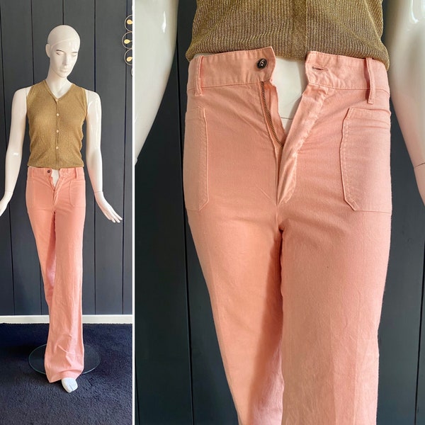 Pantalon vintage 70s coupe pattes d’éléphant en coton rose pâle, Taille 30/32/XXXS