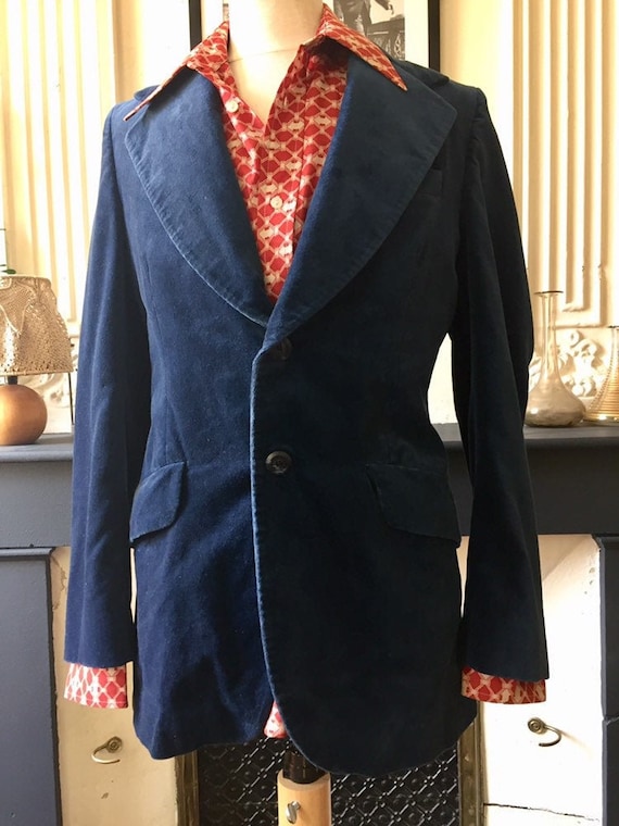 Vintage 70s blazer for men in midnight blue velvet