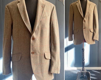 Elégant blazer/veste en tweed vintage Y2K de la marque Hackett London motifs carreaux dominantes beiges/vert d'eau, Taille XL/XXL