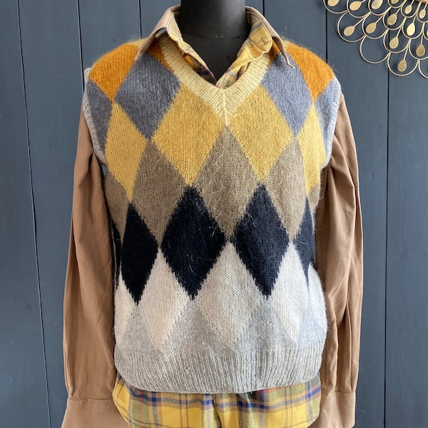 Gilet sans manches vintage 80s en laine + laine mohair tricoté main motif Argyle/losanges, Taille 4XL